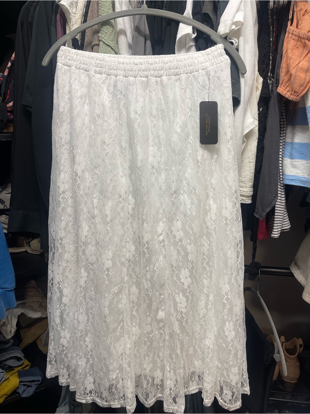 White Lace Midi Skirt with Elastic Waist